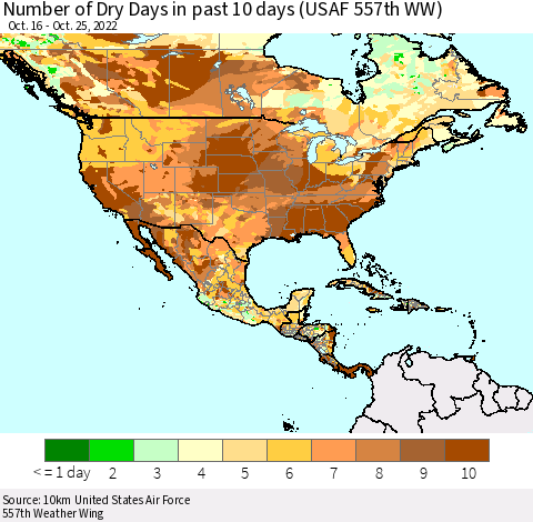North America Number of Dry Days in past 10 days (USAF 557th WW) Thematic Map For 10/21/2022 - 10/25/2022