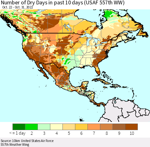 North America Number of Dry Days in past 10 days (USAF 557th WW) Thematic Map For 10/26/2022 - 10/31/2022