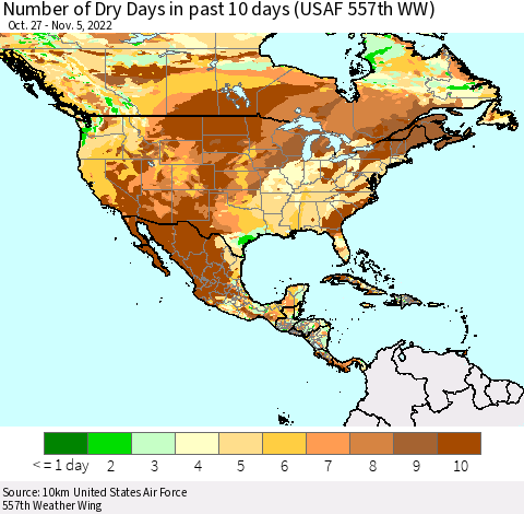 North America Number of Dry Days in past 10 days (USAF 557th WW) Thematic Map For 11/1/2022 - 11/5/2022