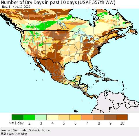North America Number of Dry Days in past 10 days (USAF 557th WW) Thematic Map For 11/6/2022 - 11/10/2022