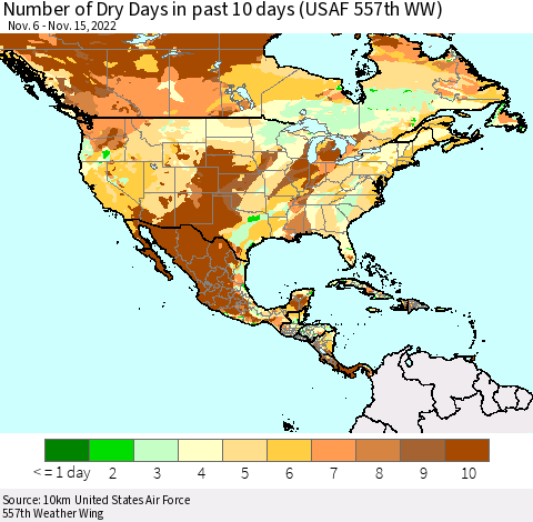 North America Number of Dry Days in past 10 days (USAF 557th WW) Thematic Map For 11/11/2022 - 11/15/2022