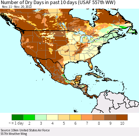 North America Number of Dry Days in past 10 days (USAF 557th WW) Thematic Map For 11/16/2022 - 11/20/2022