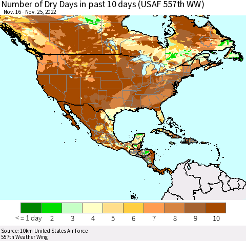 North America Number of Dry Days in past 10 days (USAF 557th WW) Thematic Map For 11/21/2022 - 11/25/2022