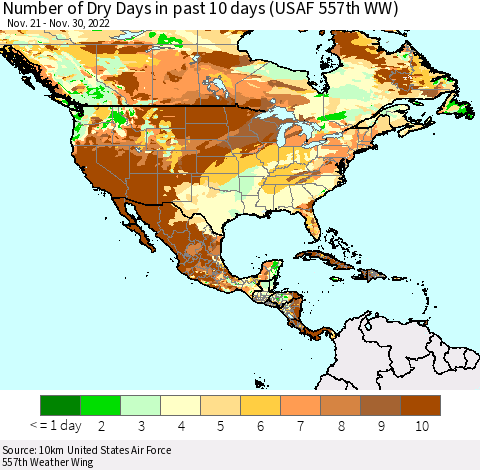 North America Number of Dry Days in past 10 days (USAF 557th WW) Thematic Map For 11/26/2022 - 11/30/2022