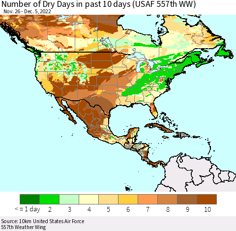 North America Number of Dry Days in past 10 days (USAF 557th WW) Thematic Map For 12/1/2022 - 12/5/2022