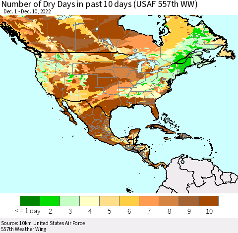 North America Number of Dry Days in past 10 days (USAF 557th WW) Thematic Map For 12/6/2022 - 12/10/2022