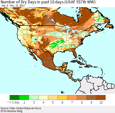 North America Number of Dry Days in past 10 days (USAF 557th WW) Thematic Map For 12/11/2022 - 12/15/2022