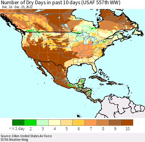 North America Number of Dry Days in past 10 days (USAF 557th WW) Thematic Map For 12/21/2022 - 12/25/2022
