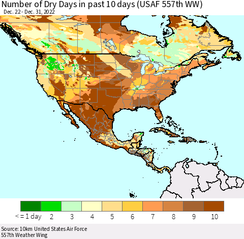North America Number of Dry Days in past 10 days (USAF 557th WW) Thematic Map For 12/26/2022 - 12/31/2022