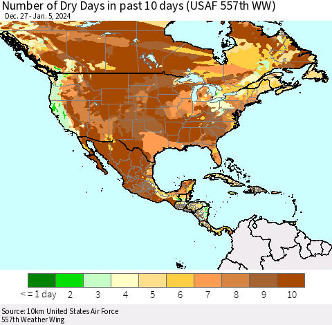 North America Number of Dry Days in past 10 days (USAF 557th WW) Thematic Map For 1/1/2024 - 1/5/2024