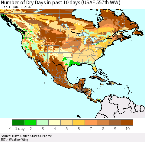 North America Number of Dry Days in past 10 days (USAF 557th WW) Thematic Map For 1/6/2024 - 1/10/2024