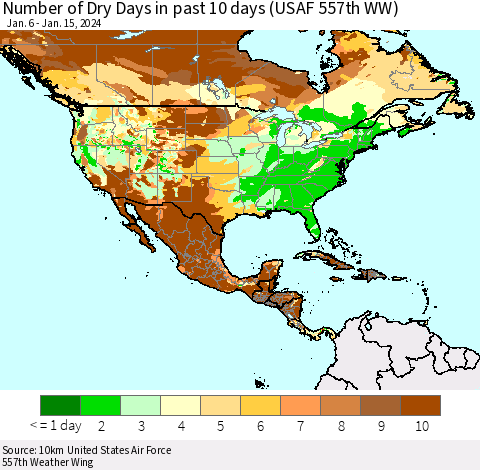 North America Number of Dry Days in past 10 days (USAF 557th WW) Thematic Map For 1/11/2024 - 1/15/2024
