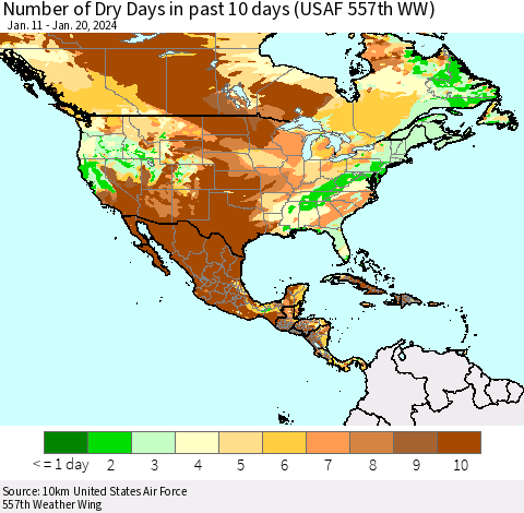 North America Number of Dry Days in past 10 days (USAF 557th WW) Thematic Map For 1/16/2024 - 1/20/2024