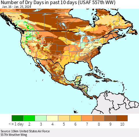 North America Number of Dry Days in past 10 days (USAF 557th WW) Thematic Map For 1/21/2024 - 1/25/2024