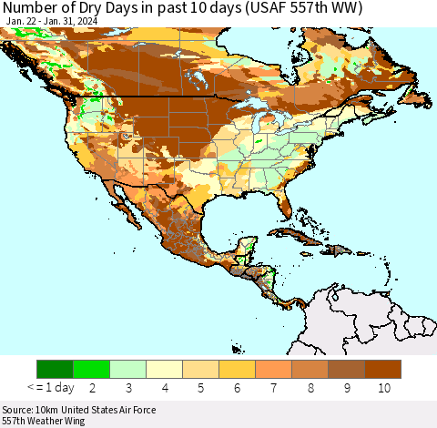 North America Number of Dry Days in past 10 days (USAF 557th WW) Thematic Map For 1/26/2024 - 1/31/2024