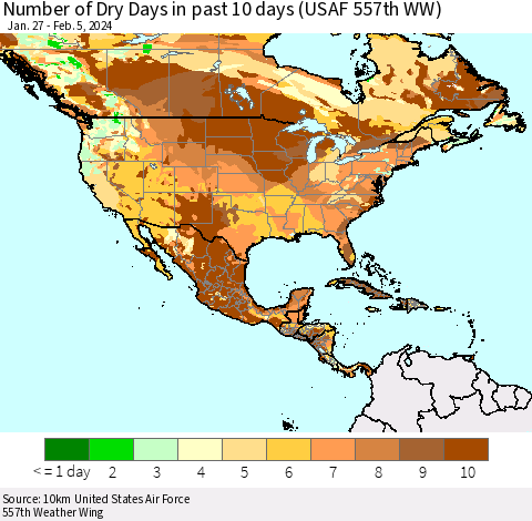 North America Number of Dry Days in past 10 days (USAF 557th WW) Thematic Map For 2/1/2024 - 2/5/2024