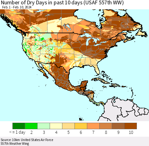 North America Number of Dry Days in past 10 days (USAF 557th WW) Thematic Map For 2/6/2024 - 2/10/2024