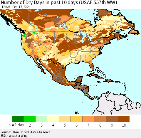 North America Number of Dry Days in past 10 days (USAF 557th WW) Thematic Map For 2/11/2024 - 2/15/2024