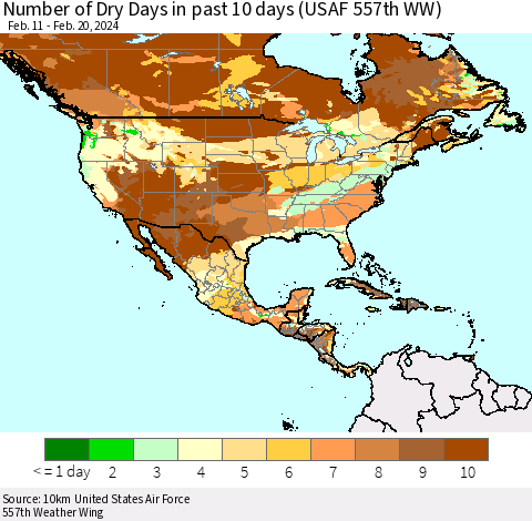 North America Number of Dry Days in past 10 days (USAF 557th WW) Thematic Map For 2/16/2024 - 2/20/2024