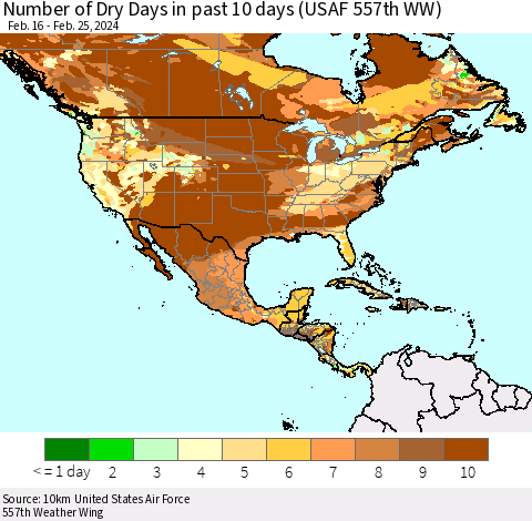North America Number of Dry Days in past 10 days (USAF 557th WW) Thematic Map For 2/21/2024 - 2/25/2024