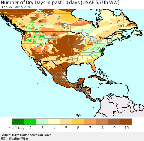 North America Number of Dry Days in past 10 days (USAF 557th WW) Thematic Map For 3/1/2024 - 3/5/2024