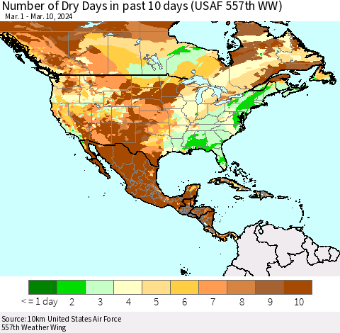 North America Number of Dry Days in past 10 days (USAF 557th WW) Thematic Map For 3/6/2024 - 3/10/2024