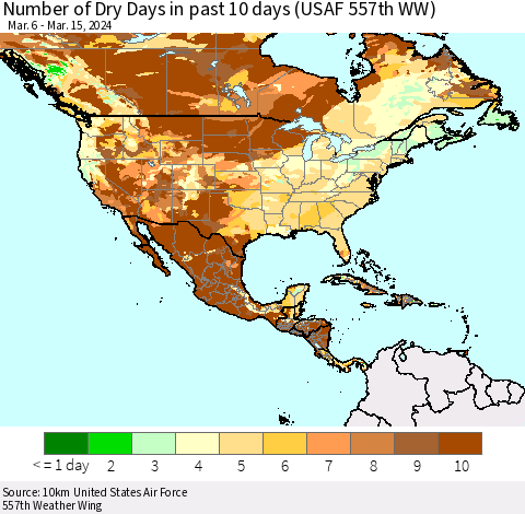 North America Number of Dry Days in past 10 days (USAF 557th WW) Thematic Map For 3/11/2024 - 3/15/2024