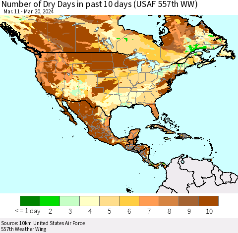 North America Number of Dry Days in past 10 days (USAF 557th WW) Thematic Map For 3/16/2024 - 3/20/2024