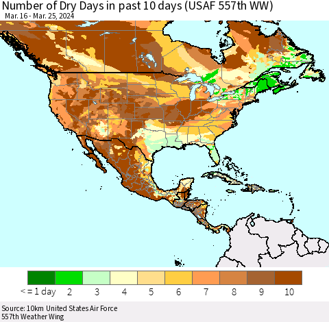 North America Number of Dry Days in past 10 days (USAF 557th WW) Thematic Map For 3/21/2024 - 3/25/2024