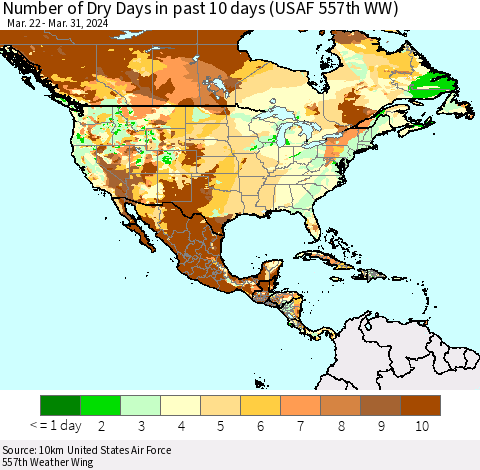 North America Number of Dry Days in past 10 days (USAF 557th WW) Thematic Map For 3/26/2024 - 3/31/2024