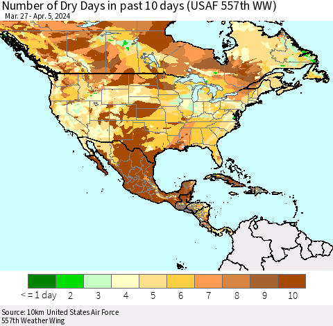 North America Number of Dry Days in past 10 days (USAF 557th WW) Thematic Map For 4/1/2024 - 4/5/2024