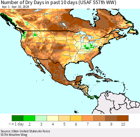 North America Number of Dry Days in past 10 days (USAF 557th WW) Thematic Map For 4/6/2024 - 4/10/2024