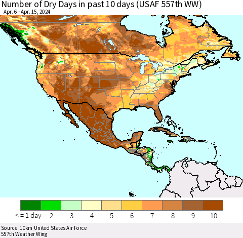 North America Number of Dry Days in past 10 days (USAF 557th WW) Thematic Map For 4/11/2024 - 4/15/2024