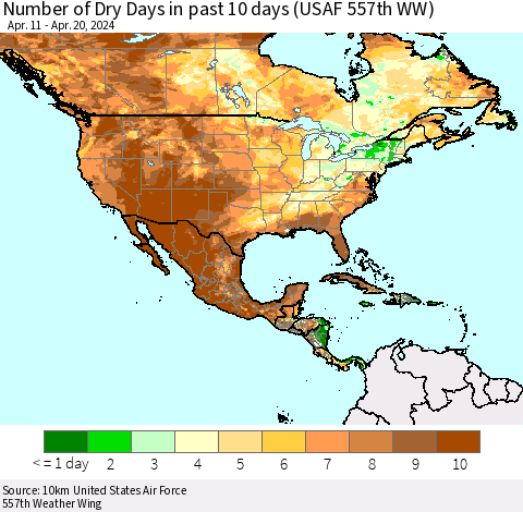 North America Number of Dry Days in past 10 days (USAF 557th WW) Thematic Map For 4/16/2024 - 4/20/2024