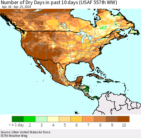 North America Number of Dry Days in past 10 days (USAF 557th WW) Thematic Map For 4/21/2024 - 4/25/2024