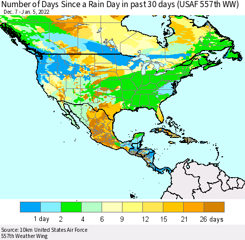 North America Number of Days Since a Rain Day in past 30 days (USAF 557th WW) Thematic Map For 1/1/2022 - 1/5/2022