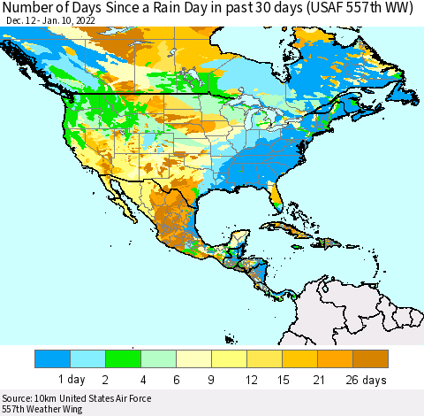North America Number of Days Since a Rain Day in past 30 days (USAF 557th WW) Thematic Map For 1/6/2022 - 1/10/2022