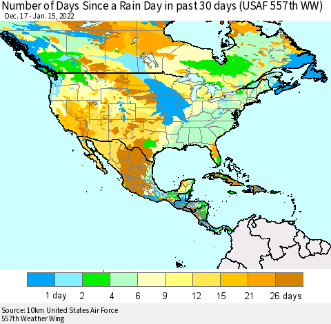 North America Number of Days Since a Rain Day in past 30 days (USAF 557th WW) Thematic Map For 1/11/2022 - 1/15/2022