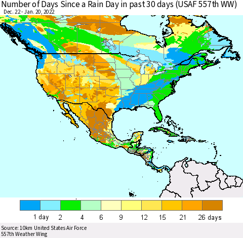 North America Number of Days Since a Rain Day in past 30 days (USAF 557th WW) Thematic Map For 1/16/2022 - 1/20/2022