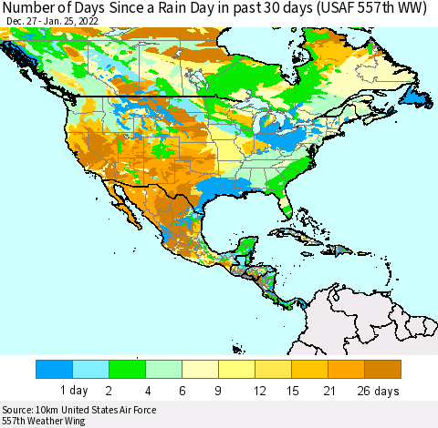 North America Number of Days Since a Rain Day in past 30 days (USAF 557th WW) Thematic Map For 1/21/2022 - 1/25/2022