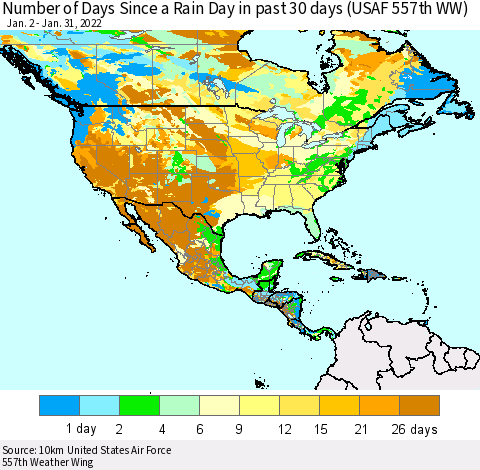 North America Number of Days Since a Rain Day in past 30 days (USAF 557th WW) Thematic Map For 1/26/2022 - 1/31/2022