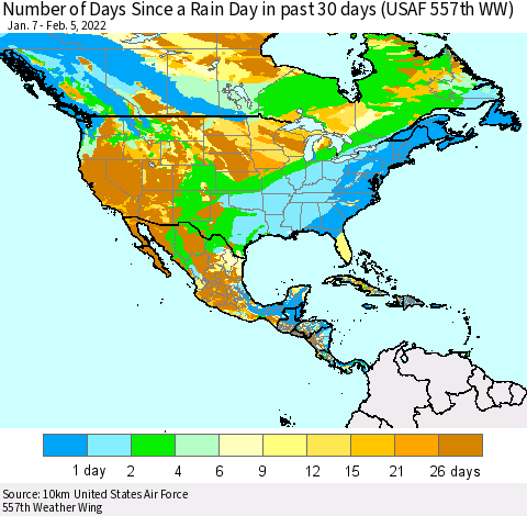 North America Number of Days Since a Rain Day in past 30 days (USAF 557th WW) Thematic Map For 2/1/2022 - 2/5/2022
