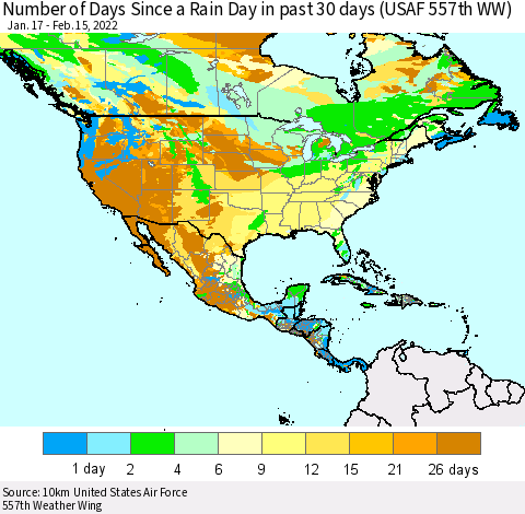 North America Number of Days Since a Rain Day in past 30 days (USAF 557th WW) Thematic Map For 2/11/2022 - 2/15/2022