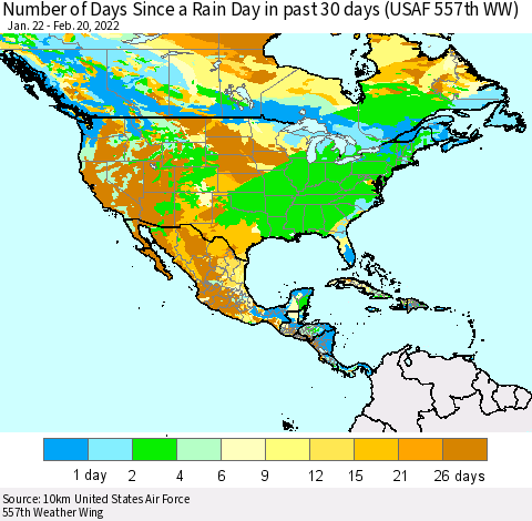 North America Number of Days Since a Rain Day in past 30 days (USAF 557th WW) Thematic Map For 2/16/2022 - 2/20/2022