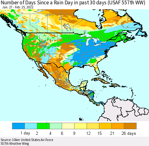 North America Number of Days Since a Rain Day in past 30 days (USAF 557th WW) Thematic Map For 2/21/2022 - 2/25/2022