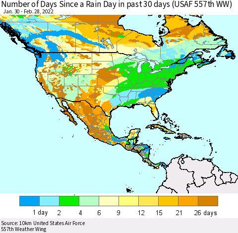 North America Number of Days Since a Rain Day in past 30 days (USAF 557th WW) Thematic Map For 2/26/2022 - 2/28/2022