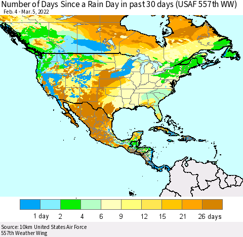 North America Number of Days Since a Rain Day in past 30 days (USAF 557th WW) Thematic Map For 3/1/2022 - 3/5/2022