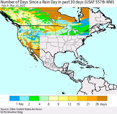 North America Number of Days Since a Rain Day in past 30 days (USAF 557th WW) Thematic Map For 3/6/2022 - 3/10/2022