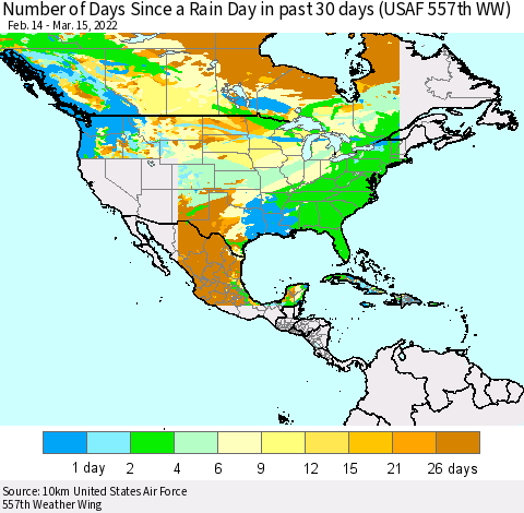 North America Number of Days Since a Rain Day in past 30 days (USAF 557th WW) Thematic Map For 3/11/2022 - 3/15/2022