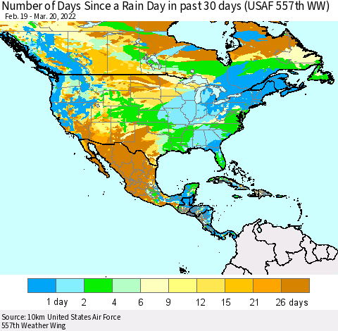 North America Number of Days Since a Rain Day in past 30 days (USAF 557th WW) Thematic Map For 3/16/2022 - 3/20/2022